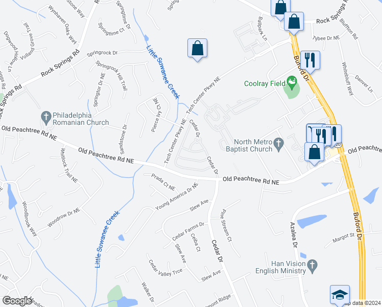 map of restaurants, bars, coffee shops, grocery stores, and more near 2427 Millbank Court in Lawrenceville
