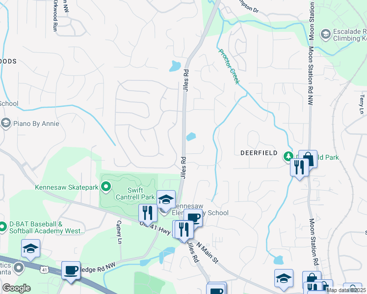 map of restaurants, bars, coffee shops, grocery stores, and more near 3348 Jiles Road in Kennesaw