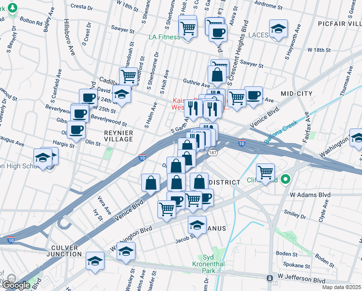 map of restaurants, bars, coffee shops, grocery stores, and more near 8624 1/2 Beverlywood Street in Los Angeles