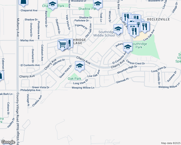 map of restaurants, bars, coffee shops, grocery stores, and more near 14240 Walmac Place in Fontana