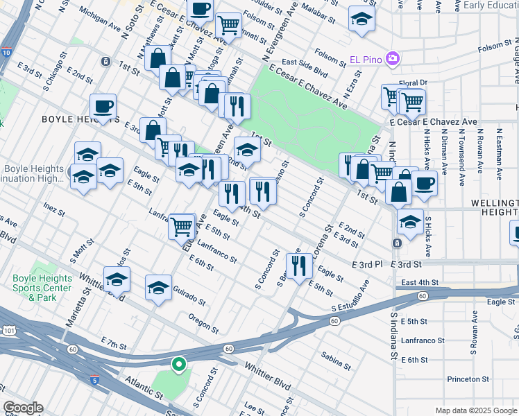 map of restaurants, bars, coffee shops, grocery stores, and more near 3111 East 4th Street in Los Angeles