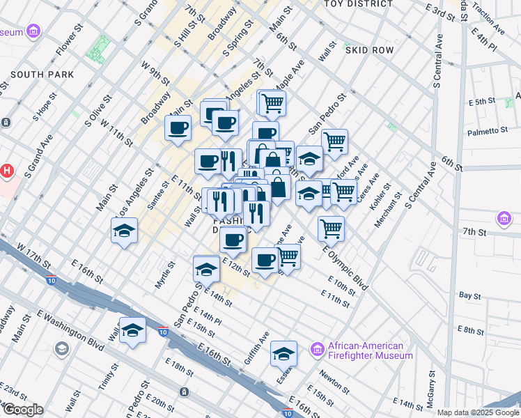 map of restaurants, bars, coffee shops, grocery stores, and more near 710 East 9th Place in Los Angeles