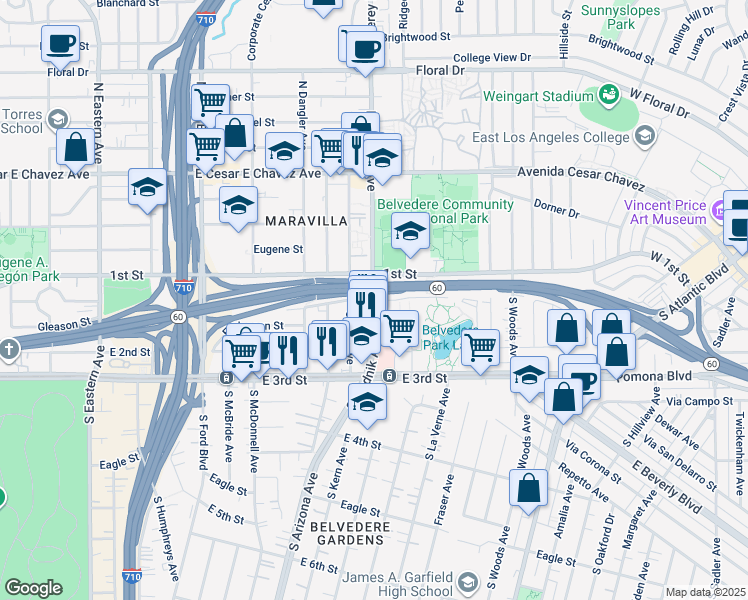 map of restaurants, bars, coffee shops, grocery stores, and more near 130 South Kern Avenue in East Los Angeles