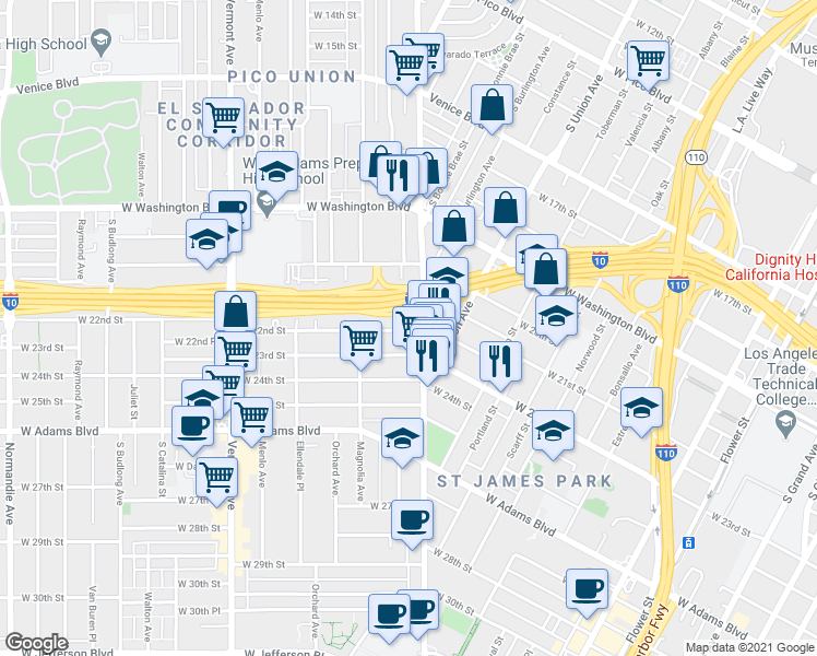 map of restaurants, bars, coffee shops, grocery stores, and more near 2220-1 South Hoover Street in Los Angeles