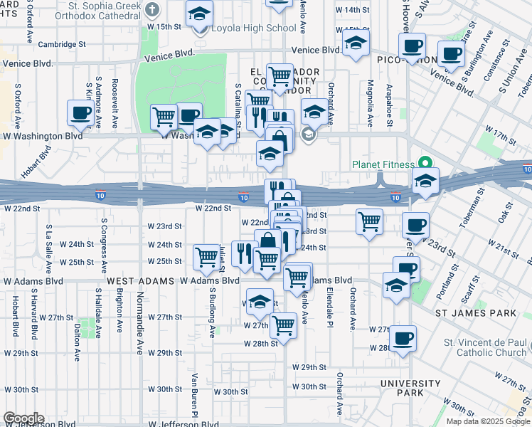 map of restaurants, bars, coffee shops, grocery stores, and more near 1540 West 22nd Street in Los Angeles