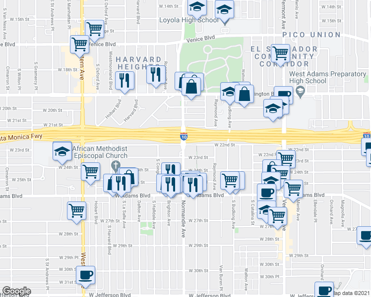 map of restaurants, bars, coffee shops, grocery stores, and more near 1814 West 22nd Street in Los Angeles