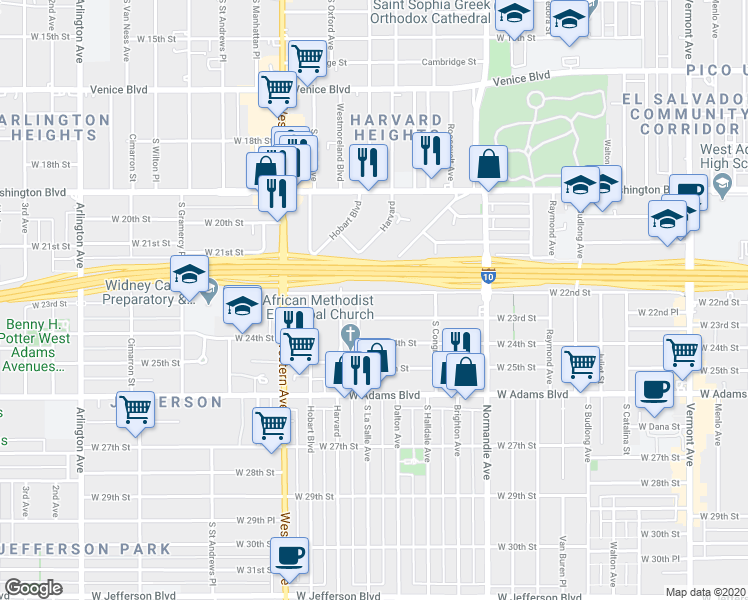 map of restaurants, bars, coffee shops, grocery stores, and more near 1951 West 22nd Street in Los Angeles