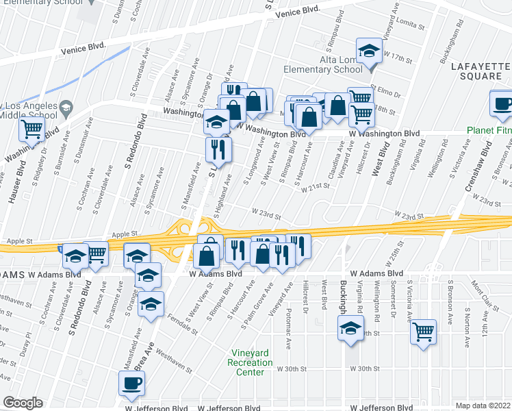 map of restaurants, bars, coffee shops, grocery stores, and more near 2130 South West View Street in Los Angeles