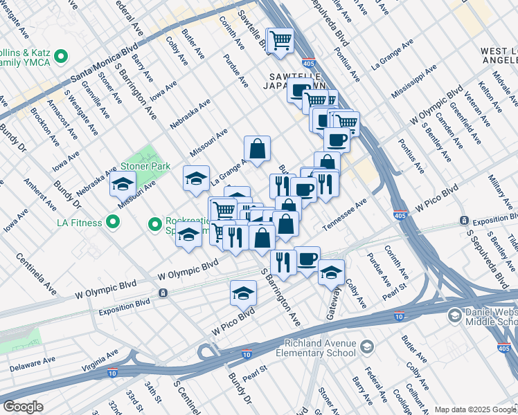 map of restaurants, bars, coffee shops, grocery stores, and more near 11608 Mississippi Avenue in Los Angeles