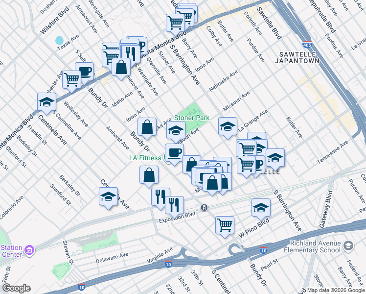 map of restaurants, bars, coffee shops, grocery stores, and more near 11871 Missouri Avenue in Los Angeles