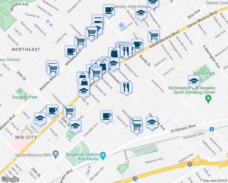 map of restaurants, bars, coffee shops, grocery stores, and more near 1503 Franklin Street in Santa Monica