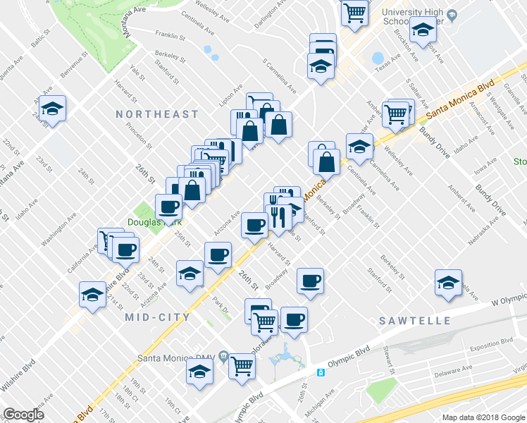map of restaurants, bars, coffee shops, grocery stores, and more near 2832 Arizona Avenue in Santa Monica