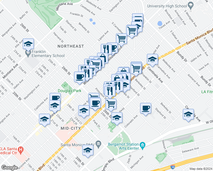 map of restaurants, bars, coffee shops, grocery stores, and more near 2832 Arizona Avenue in Santa Monica