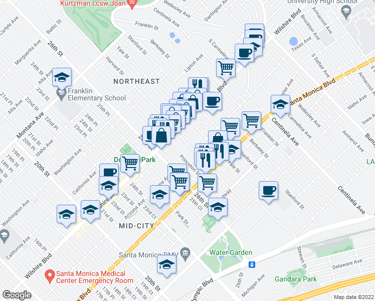 map of restaurants, bars, coffee shops, grocery stores, and more near 2803 Arizona Avenue in Santa Monica