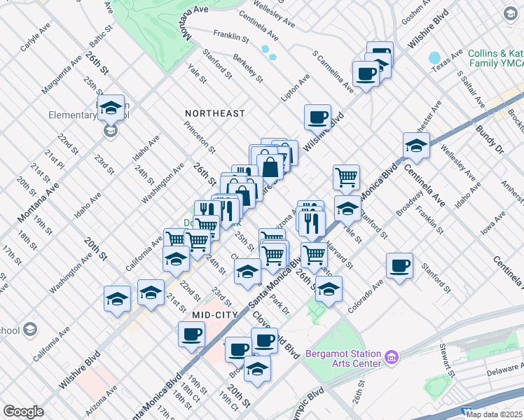 map of restaurants, bars, coffee shops, grocery stores, and more near 1222 Princeton Street in Santa Monica