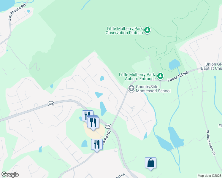 map of restaurants, bars, coffee shops, grocery stores, and more near 839 Verbena Way Northeast in Auburn