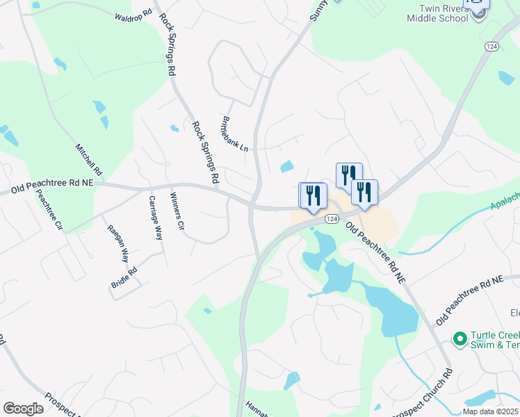 map of restaurants, bars, coffee shops, grocery stores, and more near 1826 Old Peachtree Road Northeast in Lawrenceville