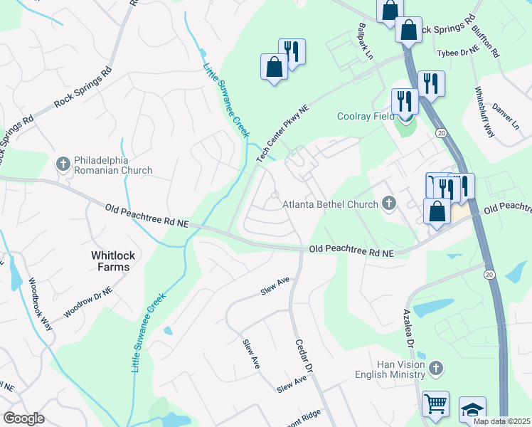 map of restaurants, bars, coffee shops, grocery stores, and more near 2427 Millbank Court in Lawrenceville
