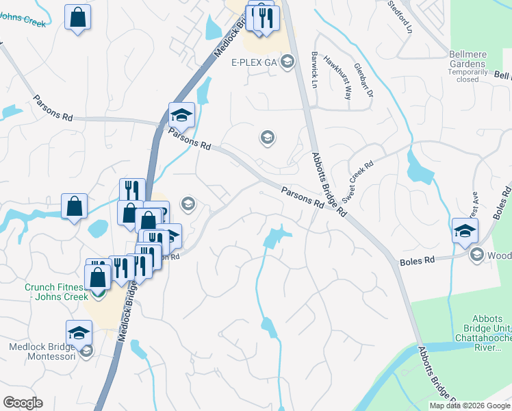 map of restaurants, bars, coffee shops, grocery stores, and more near 201 Southampton Circle in Duluth