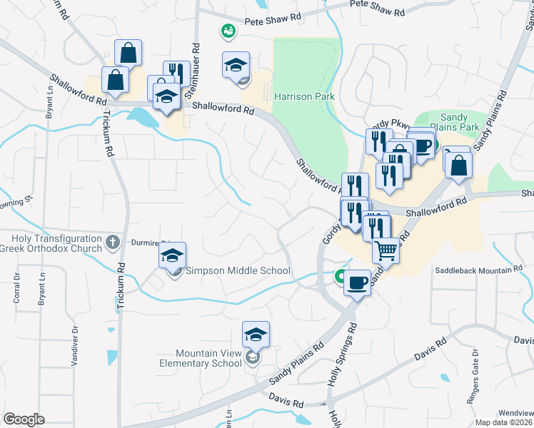 map of restaurants, bars, coffee shops, grocery stores, and more near 3415 Bonaire Crossing in Marietta