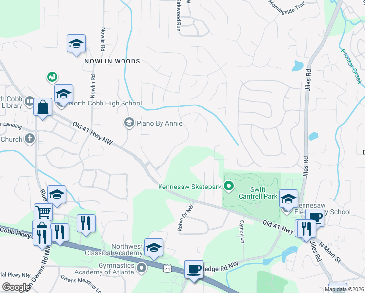map of restaurants, bars, coffee shops, grocery stores, and more near 3332 Spindletop Drive Northwest in Kennesaw