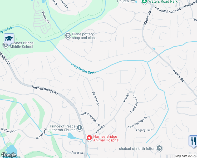 map of restaurants, bars, coffee shops, grocery stores, and more near 3183 Long Indian Creek Court in Alpharetta