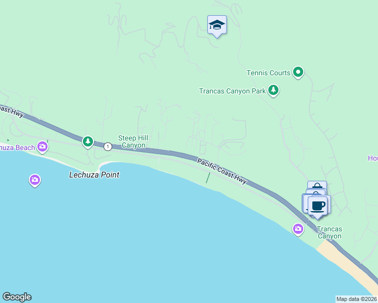 map of restaurants, bars, coffee shops, grocery stores, and more near 31276 Bailard Road in Malibu