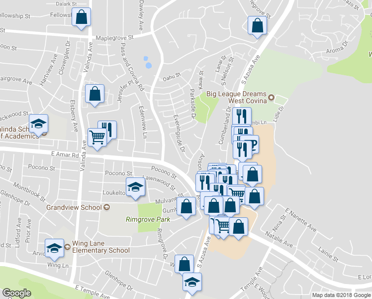 map of restaurants, bars, coffee shops, grocery stores, and more near 2130 Eveningside Drive in West Covina