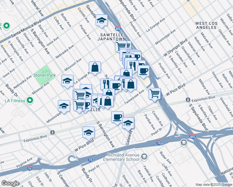 map of restaurants, bars, coffee shops, grocery stores, and more near 11511 West Olympic Boulevard in Los Angeles