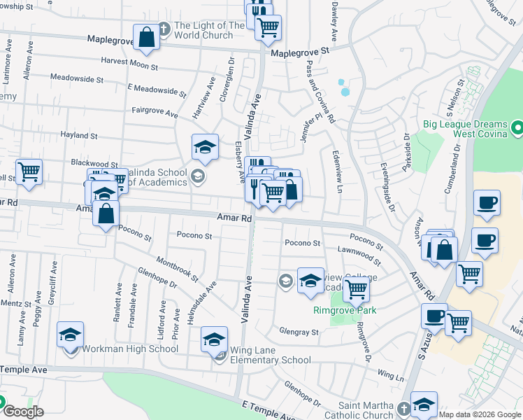 map of restaurants, bars, coffee shops, grocery stores, and more near 1001 East Amar Road in West Covina