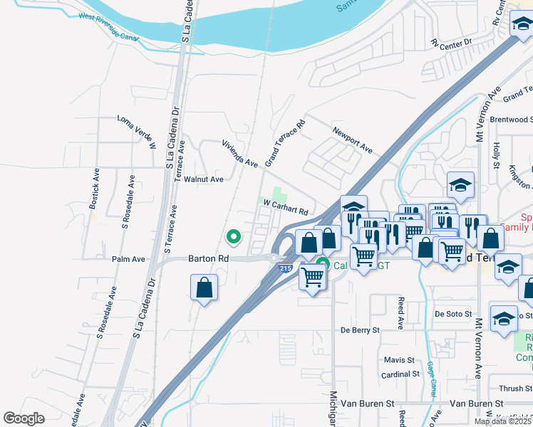 map of restaurants, bars, coffee shops, grocery stores, and more near 21845 Grand Terrace Road in Grand Terrace