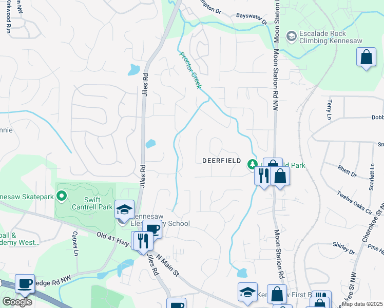 map of restaurants, bars, coffee shops, grocery stores, and more near 5641 Deerfield Place in Kennesaw
