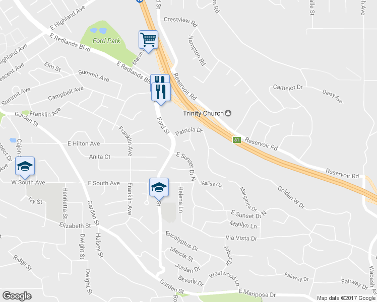 map of restaurants, bars, coffee shops, grocery stores, and more near 1388 Brandon Court in Redlands