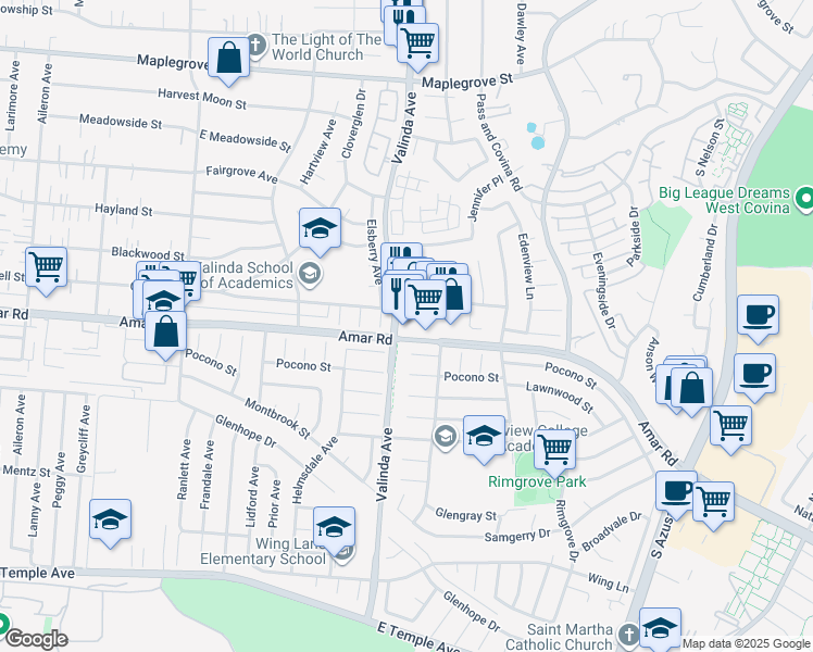 map of restaurants, bars, coffee shops, grocery stores, and more near 1011 East Amar Road in West Covina