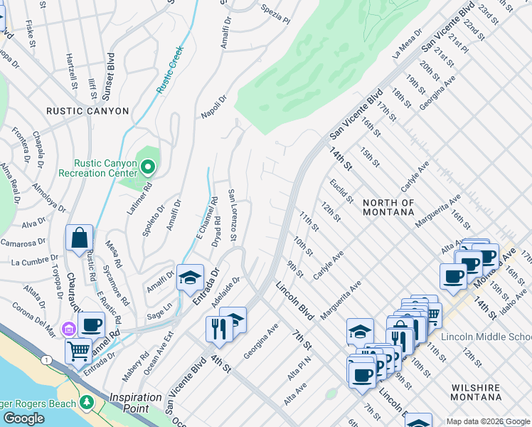 map of restaurants, bars, coffee shops, grocery stores, and more near 114 Foxtail Drive in Santa Monica