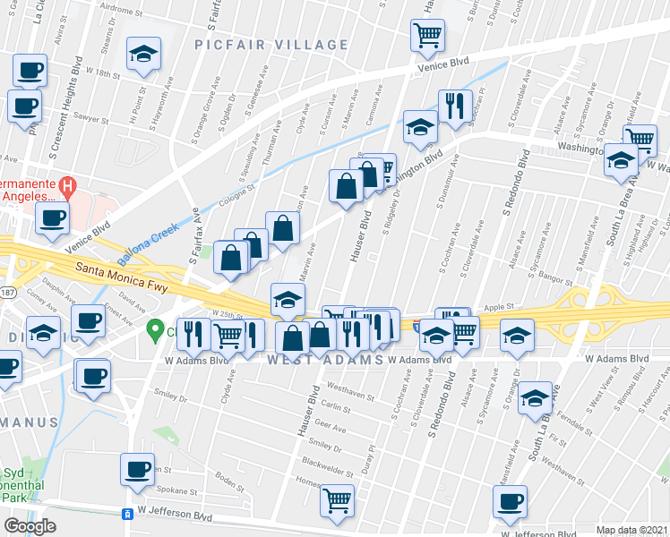 map of restaurants, bars, coffee shops, grocery stores, and more near 2304 Carmona Avenue in Los Angeles