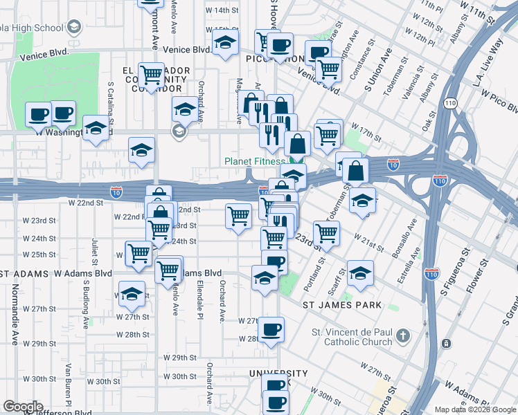 map of restaurants, bars, coffee shops, grocery stores, and more near 1249 West 22nd Street in Los Angeles