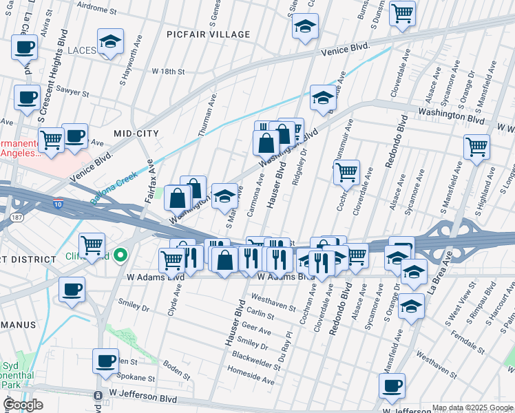 map of restaurants, bars, coffee shops, grocery stores, and more near 2304 Carmona Avenue in Los Angeles