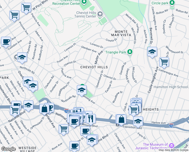 map of restaurants, bars, coffee shops, grocery stores, and more near 10281 Dunleer Drive in Los Angeles
