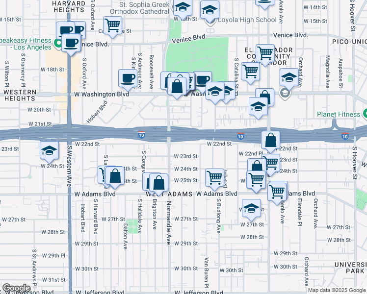 map of restaurants, bars, coffee shops, grocery stores, and more near 1752 West 22nd Street in Los Angeles