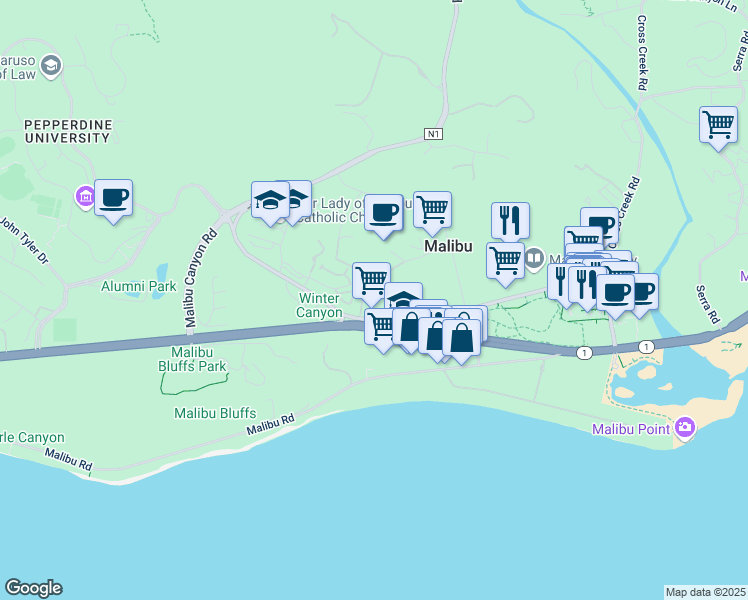 map of restaurants, bars, coffee shops, grocery stores, and more near 23901 Civic Center Way in Malibu