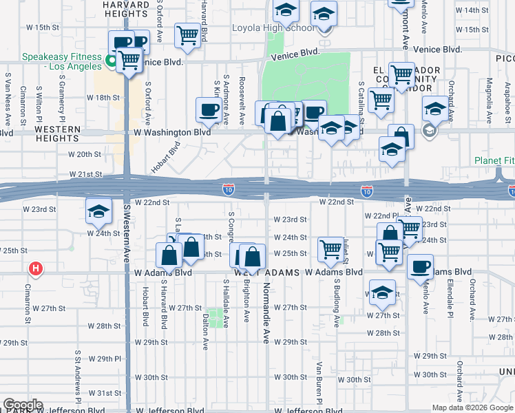 map of restaurants, bars, coffee shops, grocery stores, and more near 1816 West 22nd Street in Los Angeles