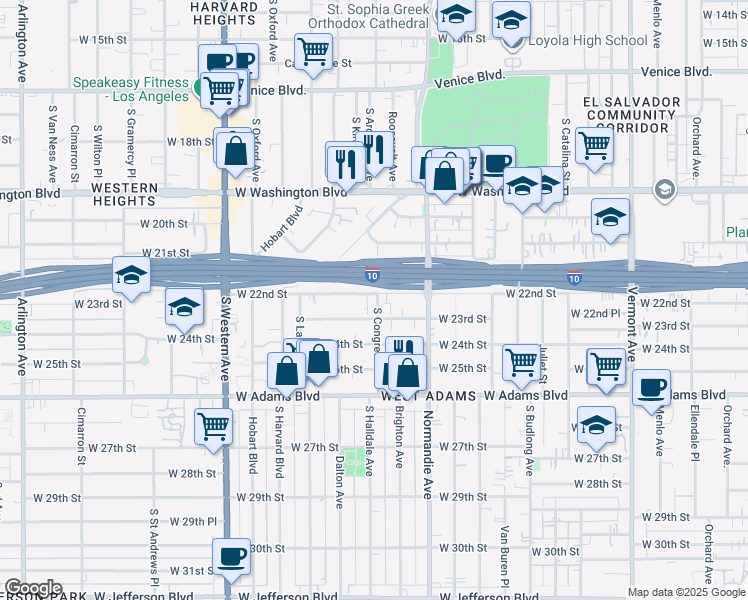 map of restaurants, bars, coffee shops, grocery stores, and more near 1880 West 22nd Street in Los Angeles