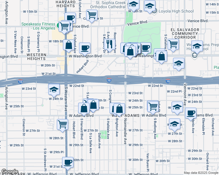 map of restaurants, bars, coffee shops, grocery stores, and more near 1880 West 22nd Street in Los Angeles