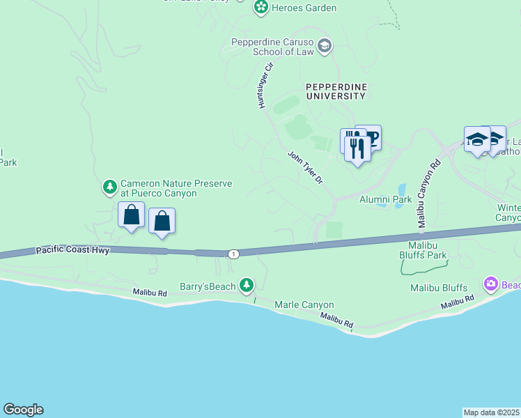 map of restaurants, bars, coffee shops, grocery stores, and more near 24650 Blue Dane Lane in Malibu