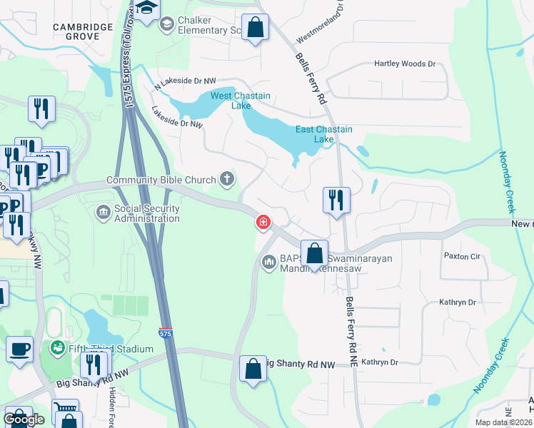 map of restaurants, bars, coffee shops, grocery stores, and more near 162 Chastain Road Northwest in Kennesaw