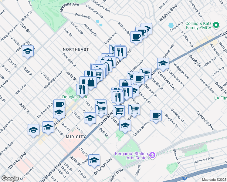 map of restaurants, bars, coffee shops, grocery stores, and more near 2808 Arizona Avenue in Santa Monica