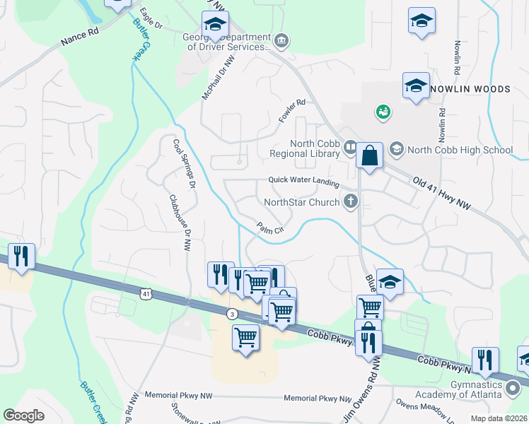map of restaurants, bars, coffee shops, grocery stores, and more near 3218 Juniper Drive in Acworth