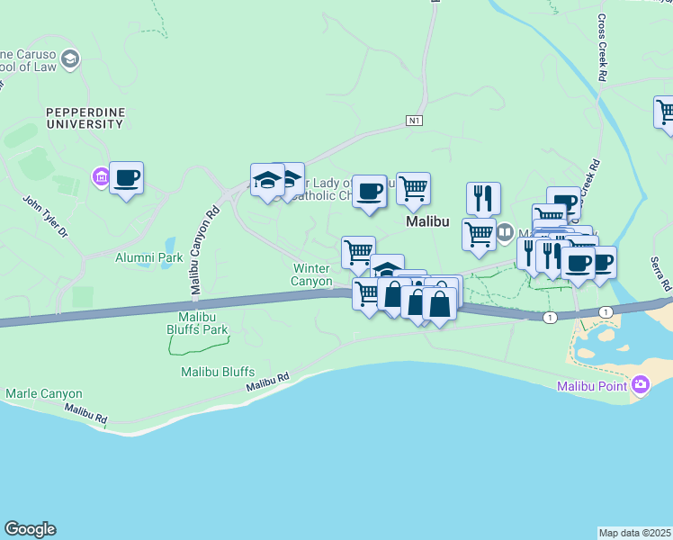 map of restaurants, bars, coffee shops, grocery stores, and more near 23922 De Ville Way in Malibu