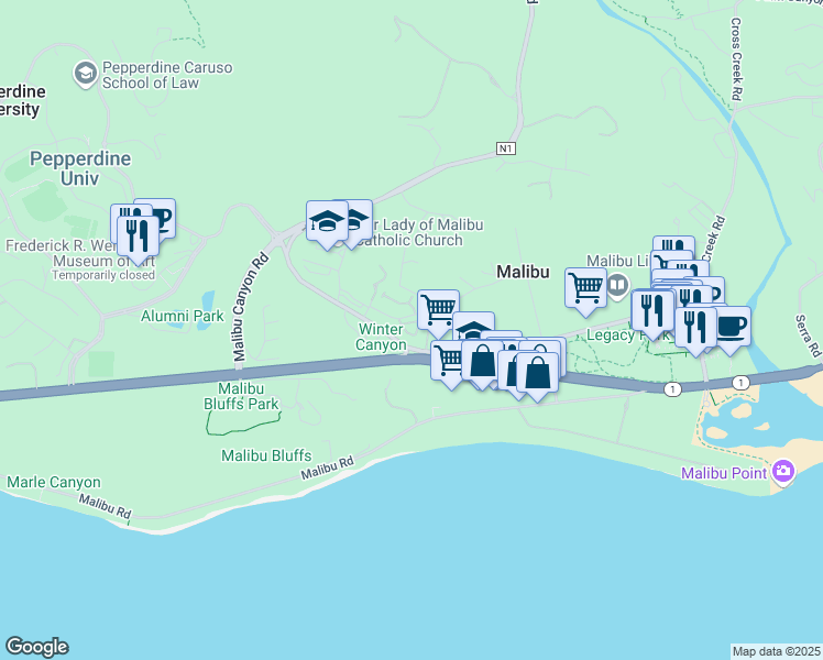 map of restaurants, bars, coffee shops, grocery stores, and more near 23924 De Ville Way in Malibu